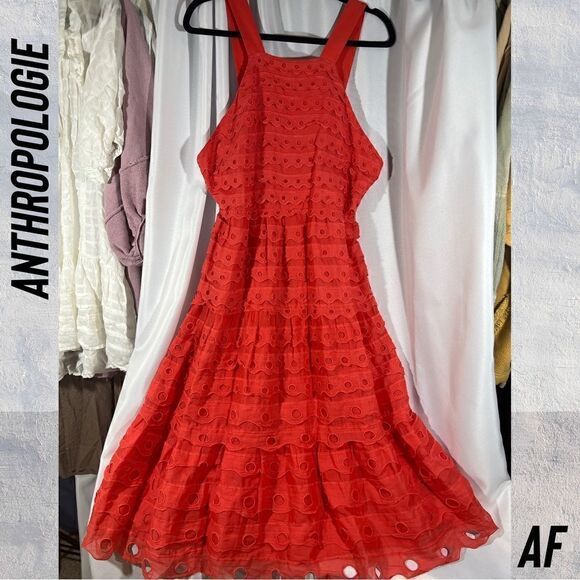 ANTHROPOLOGIE EYELET RUFFLED HALTER TOP MIDI DRESS IN CORAL BLUSH NEW SIZE 8 - Picture 5 of 7